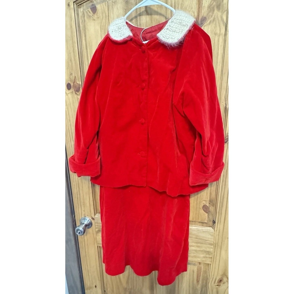 Vintage Red Velour Skirt Suit Womens Small Knit Collar Retro Holiday Cottagecore